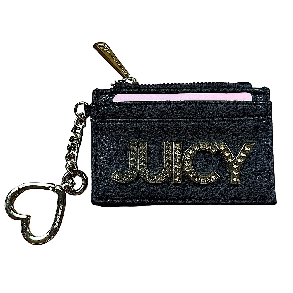 JUICY COUTURE: NWT Black Leather Wallet Card Holder Keychain with Gold Logo